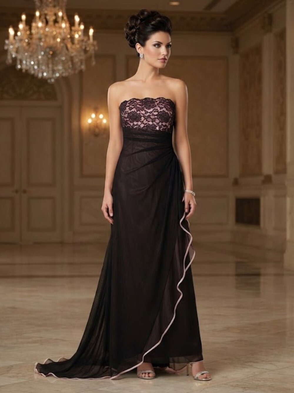 Cache Strapless Pink Lace Mesh Gown Long Dress